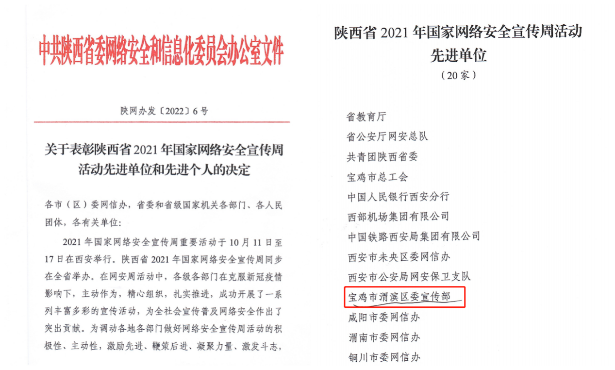 <b>渭滨区委宣传部等13家获评陕西省2021年国家网络安全宣传周活动先进单位</b>