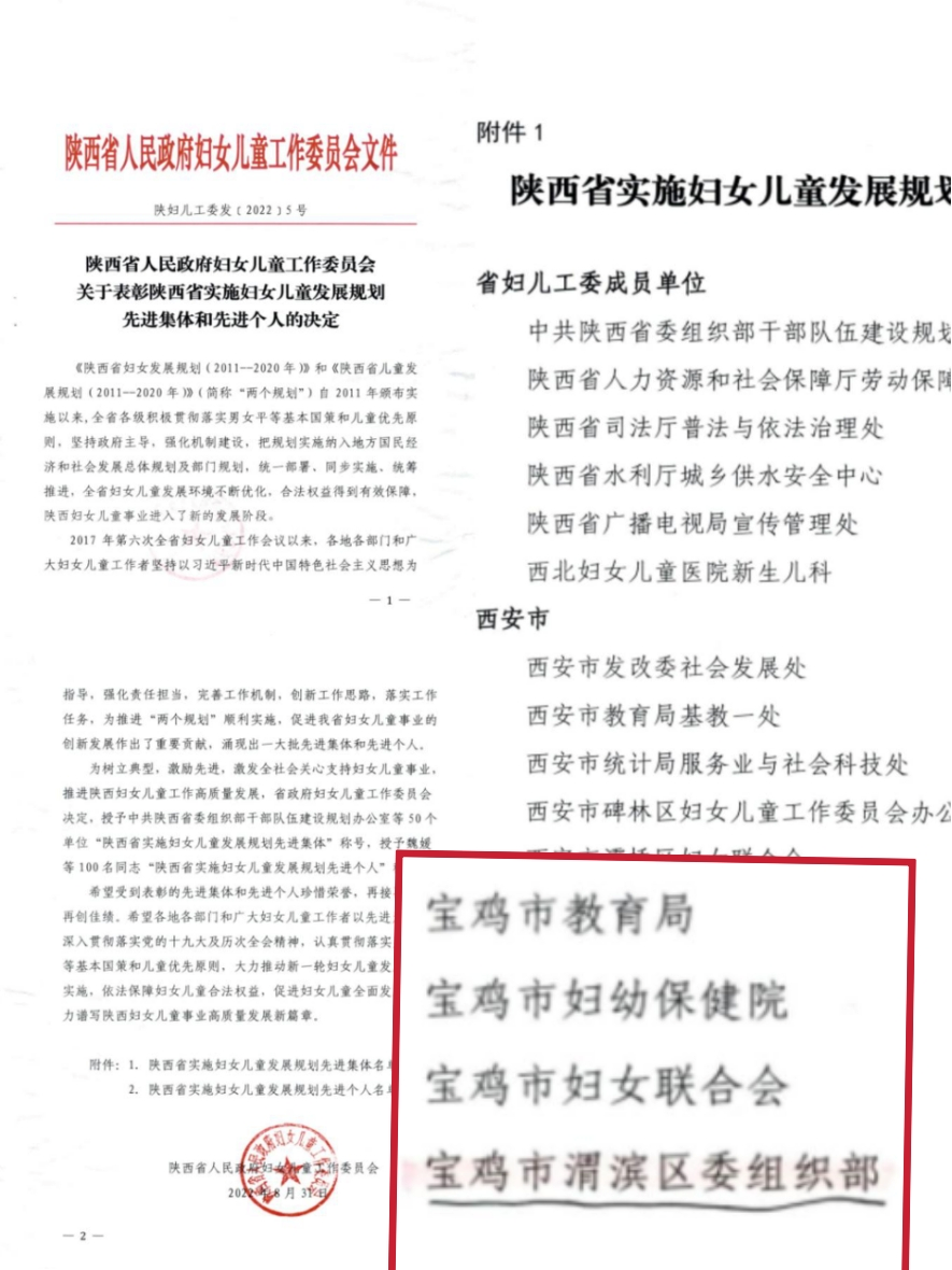 <b>宝鸡市渭滨区委组织部荣获陕西省实施妇女儿童发展规划先进集体</b>