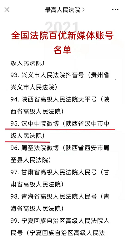 <b>汉中中院微博账号入选全国法院百优新媒体账号</b>