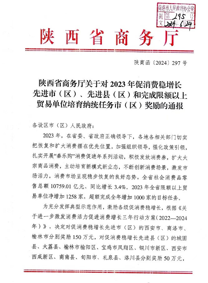 <b>商洛市荣获2023年全省促消费稳增长先进市      </b>