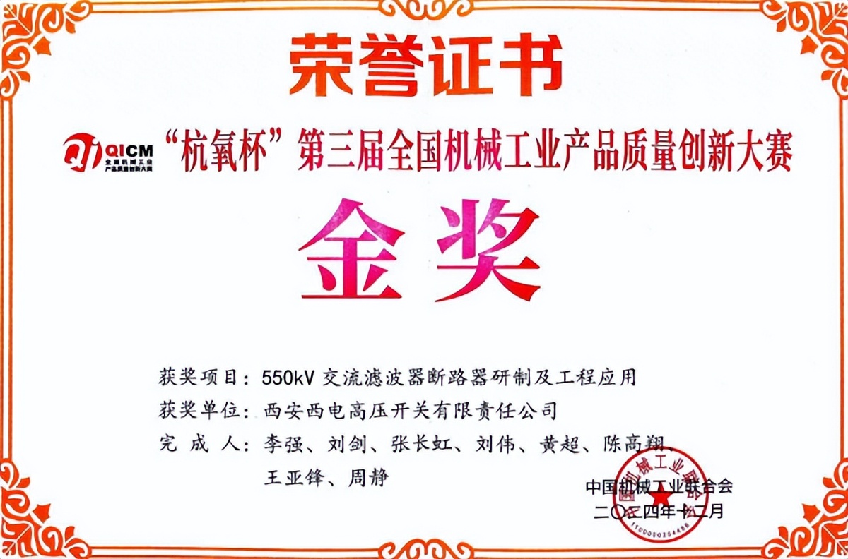<b>西开有限斩获第三届全国机械工业产品质量创新大赛金奖</b>