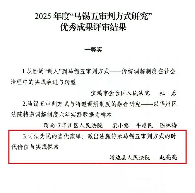 靖边县人民法院1篇论文荣获全省“马锡五审判方式研究”优秀成