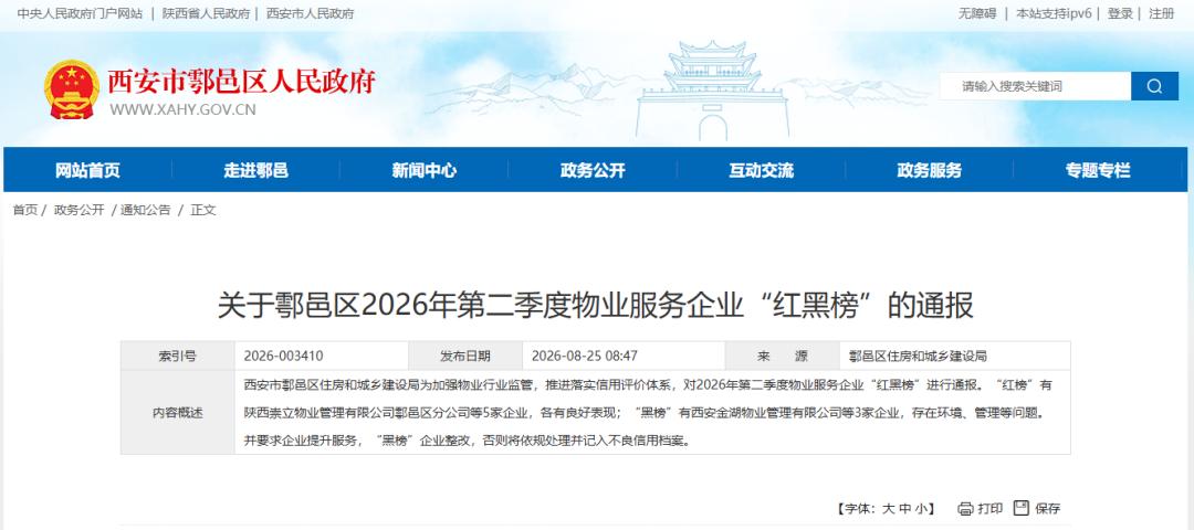 <b>3家物业公司不合格！西安一区最新通报</b>